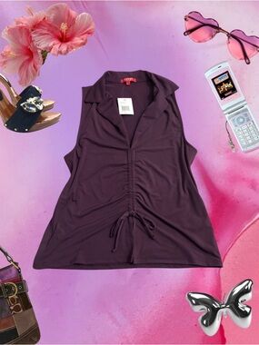 NWT Guess Darlah Sleeveless Ruched Drawstring Top - Deep Plum